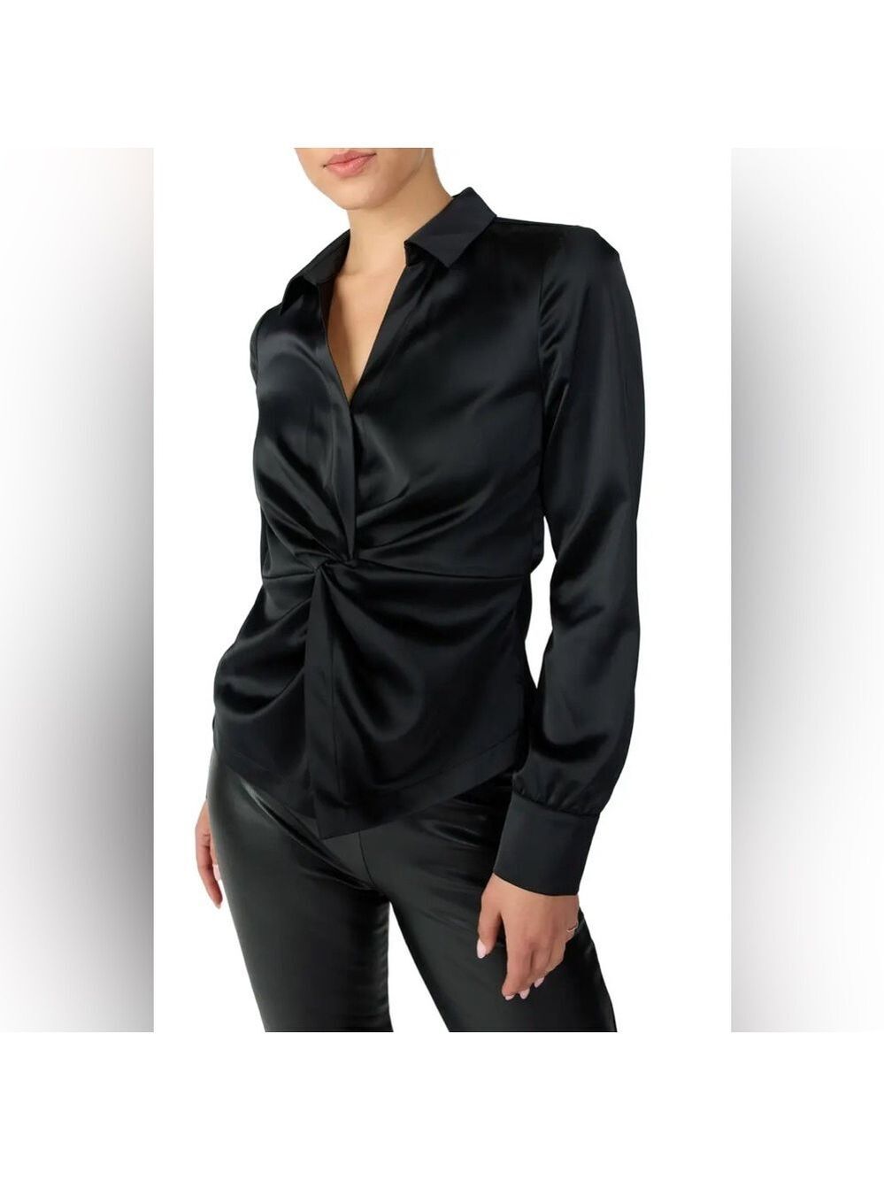 New York & Company Black Satin Twist-Front V Beck Blouse with Collar size 8